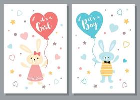 Its a boy. Its a girl Baby shower greeting card set. Baby announcement template. Cute design element with rabbit, balloon in pink, blue colors. Kids arrival party. Vector illustration.