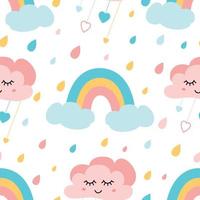 Cute rainbow clouds seamless childish pattern with colored rainy drops Smiling clouds Creative kids texture for fabric cloth design, wrapping paper, textile, apparel. Vector illustration.