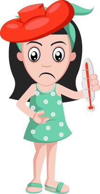 Sick girl with thermometer , illustration, vector on white background.