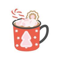 plantilla de feliz navidad con taza de café, piruleta y pan de jengibre. fondo para tarjetas de felicitación, postales, cartas, etiquetas, web, etc. vector