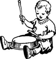 little boy drumming, vintage illustration. vector