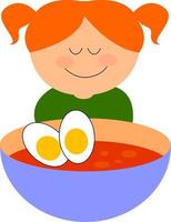 chica con el pelo rojo comiendo un plato de sopa, ilustración, vector sobre fondo blanco.