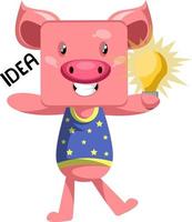 Pig with lighting bulb, illustration, vector on white background.