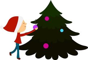 Girl and christmas tree, illustration, vector on white background.