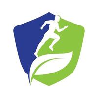 Green leaf runner logo concept design. Physiotherapy treatment concept vector design.