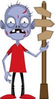 Zombie with road sign, illustration, vector on white background.