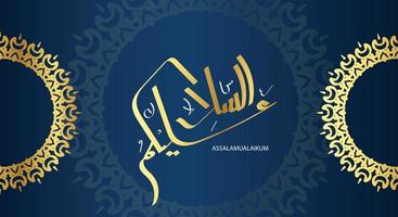 caligrafía árabe assalamualaikum con color dorado y fondo clásico azul, traducida como, que la paz, la misericordia y las bendiciones de dios sean contigo vector