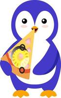 Penguin with pizza, illustration, vector on white background.