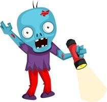 Zombie with flashlight, illustration, vector on white background.