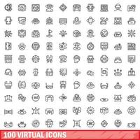 100 virtual icons set, outline style vector