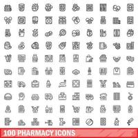 100 pharmacy icons set, outline style vector