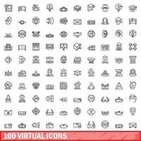 100 virtual icons set, outline style vector