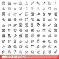 100 insect icons set, outline style vector