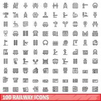 100 railway icons set, outline style vector