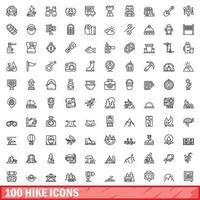100 hike icons set, outline style vector