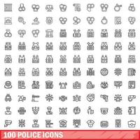 100 police icons set, outline style vector