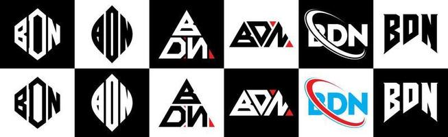 BDN letter logo design in six style. BDN polygon, circle, triangle, hexagon, flat and simple style with black and white color variation letter logo set in one artboard. BDN minimalist and classic logo vector