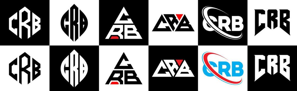 CRB letter logo design in six style. CRB polygon, circle, triangle, hexagon, flat and simple style with black and white color variation letter logo set in one artboard. CRB minimalist and classic logo vector