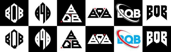 BQB letter logo design in six style. BQB polygon, circle, triangle, hexagon, flat and simple style with black and white color variation letter logo set in one artboard. BQB minimalist and classic logo vector