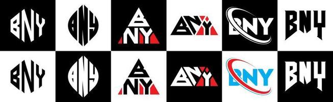 BNY letter logo design in six style. BNY polygon, circle, triangle, hexagon, flat and simple style with black and white color variation letter logo set in one artboard. BNY minimalist and classic logo vector
