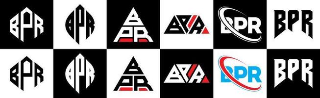 diseño de logotipo de letra bpr en seis estilos. polígono bpr, círculo, triángulo, hexágono, estilo plano y simple con logotipo de letra de variación de color blanco y negro en una mesa de trabajo. logotipo minimalista y clásico de bpr vector