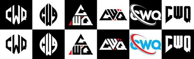 CWQ letter logo design in six style. CWQ polygon, circle, triangle, hexagon, flat and simple style with black and white color variation letter logo set in one artboard. CWQ minimalist and classic logo vector