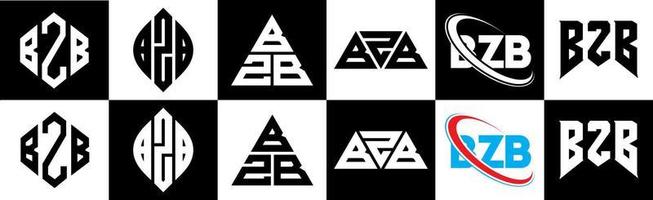 Diseño de logotipo de letra bzb en seis estilos. polígono bzb, círculo, triángulo, hexágono, estilo plano y simple con logotipo de letra de variación de color blanco y negro en una mesa de trabajo. bzb logotipo minimalista y clásico vector