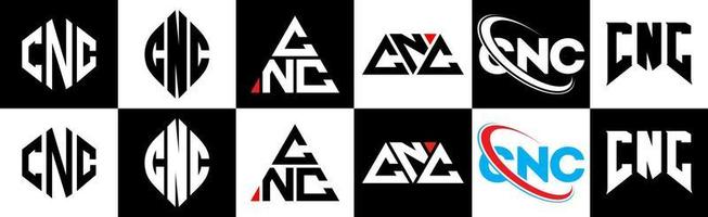 CNC letter logo design in six style. CNC polygon, circle, triangle, hexagon, flat and simple style with black and white color variation letter logo set in one artboard. CNC minimalist and classic logo vector
