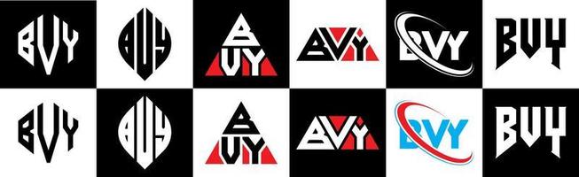 diseño de logotipo de letra bvy en seis estilos. bvy polígono, círculo, triángulo, hexágono, estilo plano y simple con logotipo de letra de variación de color blanco y negro en una mesa de trabajo. logotipo bvy minimalista y clásico vector