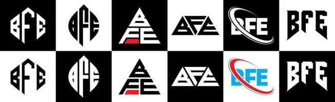 diseño de logotipo de letra bfe en seis estilos. bfe polígono, círculo, triángulo, hexágono, estilo plano y simple con logotipo de letra de variación de color blanco y negro en una mesa de trabajo. logotipo minimalista y clásico de bfe vector