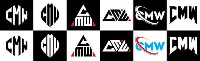 diseño de logotipo de letra cmw en seis estilos. cmw polígono, círculo, triángulo, hexágono, estilo plano y simple con logotipo de letra de variación de color blanco y negro en una mesa de trabajo. logotipo minimalista y clásico de cmw vector