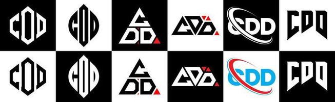 CDD letter logo design in six style. CDD polygon, circle, triangle, hexagon, flat and simple style with black and white color variation letter logo set in one artboard. CDD minimalist and classic logo vector