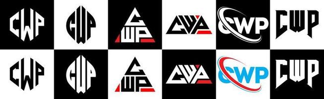 diseño de logotipo de letra cwp en seis estilos. cwp polígono, círculo, triángulo, hexágono, estilo plano y simple con logotipo de letra de variación de color blanco y negro en una mesa de trabajo. logotipo minimalista y clásico de cwp vector