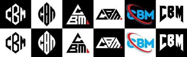 diseño de logotipo de letra cbm en seis estilos. polígono cbm, círculo, triángulo, hexágono, estilo plano y simple con logotipo de letra de variación de color blanco y negro en una mesa de trabajo. logotipo minimalista y clásico de cbm vector