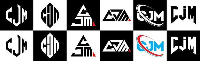 diseño de logotipo de letra cjm en seis estilos. cjm polígono, círculo, triángulo, hexágono, estilo plano y simple con logotipo de letra de variación de color blanco y negro en una mesa de trabajo. logotipo minimalista y clásico de cjm vector