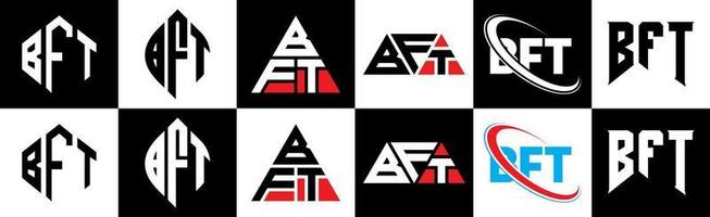 diseño de logotipo de letra bft en seis estilos. polígono bft, círculo, triángulo, hexágono, estilo plano y simple con logotipo de letra de variación de color blanco y negro en una mesa de trabajo. bft logotipo minimalista y clásico vector