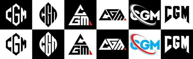 CGM letter logo design in six style. CGM polygon, circle, triangle, hexagon, flat and simple style with black and white color variation letter logo set in one artboard. CGM minimalist and classic logo vector