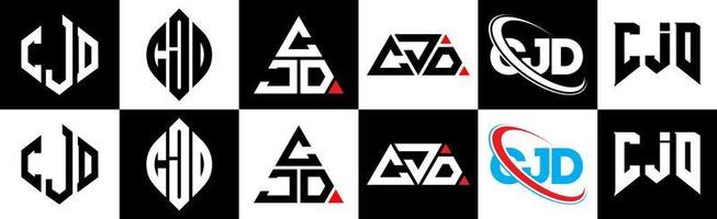 CJD letter logo design in six style. CJD polygon, circle, triangle, hexagon, flat and simple style with black and white color variation letter logo set in one artboard. CJD minimalist and classic logo vector