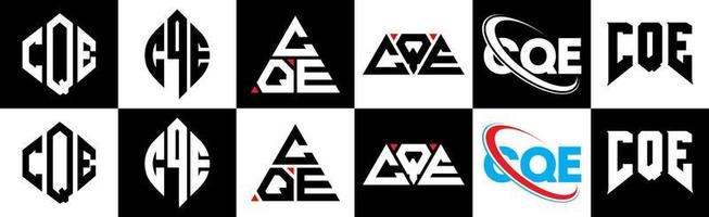 CQE letter logo design in six style. CQE polygon, circle, triangle, hexagon, flat and simple style with black and white color variation letter logo set in one artboard. CQE minimalist and classic logo vector