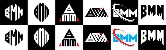 diseño de logotipo de letra bmm en seis estilos. bmm polígono, círculo, triángulo, hexágono, estilo plano y simple con logotipo de letra de variación de color blanco y negro en una mesa de trabajo. logotipo minimalista y clásico de bmm vector