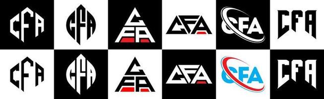 diseño de logotipo de letra cfa en seis estilos. cfa polígono, círculo, triángulo, hexágono, estilo plano y simple con logotipo de letra de variación de color blanco y negro en una mesa de trabajo. cfa logotipo minimalista y clásico vector