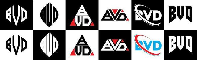 diseño de logotipo de letra bvd en seis estilos. bvd polígono, círculo, triángulo, hexágono, estilo plano y simple con logotipo de letra de variación de color blanco y negro en una mesa de trabajo. logotipo bvd minimalista y clásico vector