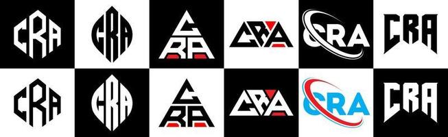 CRA letter logo design in six style. CRA polygon, circle, triangle, hexagon, flat and simple style with black and white color variation letter logo set in one artboard. CRA minimalist and classic logo vector