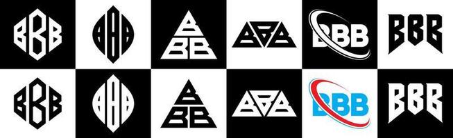 diseño de logotipo de letra bbb en seis estilos. polígono bbb, círculo, triángulo, hexágono, estilo plano y simple con logotipo de letra de variación de color blanco y negro en una mesa de trabajo. bbb logotipo minimalista y clásico vector