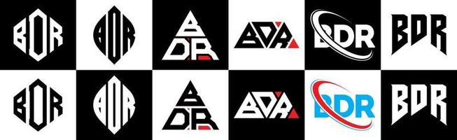 BDR letter logo design in six style. BDR polygon, circle, triangle, hexagon, flat and simple style with black and white color variation letter logo set in one artboard. BDR minimalist and classic logo vector
