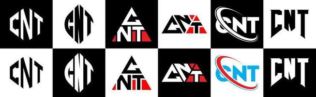 CNT letter logo design in six style. CNT polygon, circle, triangle, hexagon, flat and simple style with black and white color variation letter logo set in one artboard. CNT minimalist and classic logo vector