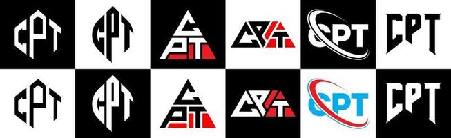 CPT letter logo design in six style. CPT polygon, circle, triangle, hexagon, flat and simple style with black and white color variation letter logo set in one artboard. CPT minimalist and classic logo vector