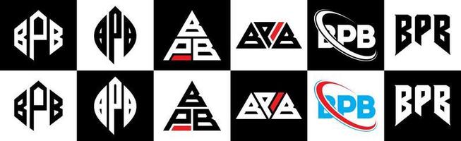 diseño de logotipo de letra bpb en seis estilos. polígono bpb, círculo, triángulo, hexágono, estilo plano y simple con logotipo de letra de variación de color blanco y negro en una mesa de trabajo. logotipo minimalista y clásico de bpb vector