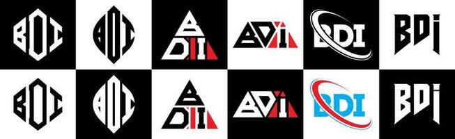 BDI letter logo design in six style. BDI polygon, circle, triangle, hexagon, flat and simple style with black and white color variation letter logo set in one artboard. BDI minimalist and classic logo vector