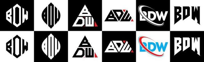 BDW letter logo design in six style. BDW polygon, circle, triangle, hexagon, flat and simple style with black and white color variation letter logo set in one artboard. BDW minimalist and classic logo vector